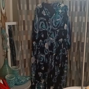 ROMAN'S Beautiful green blue & white w/ navy, v-neck Maxi dress, Size 20W